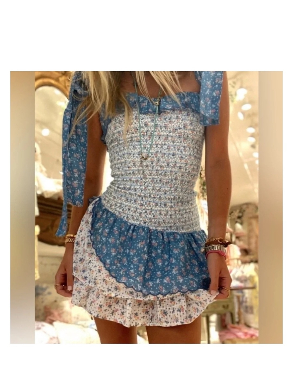 LoveShackFancy Blue Floral Smocked Mini Dress with Tie Straps